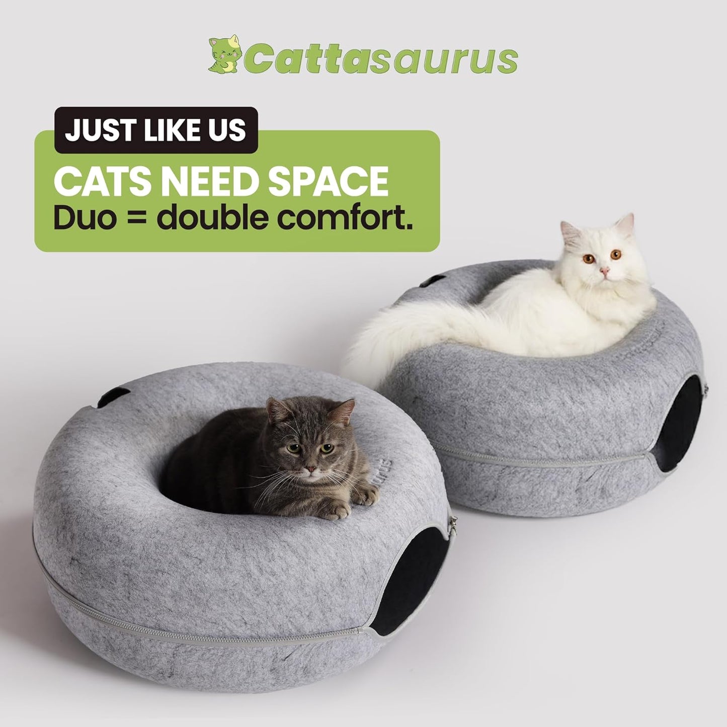 CATTASAURUS Peekaboo Cat Cave for Multiple & Large Cats Up to 30-45 Lbs, Scratch Detachable & Washable Tunnel Bed, Comfy Donut Cat Cave (Light Gray + Light Gray, Large)