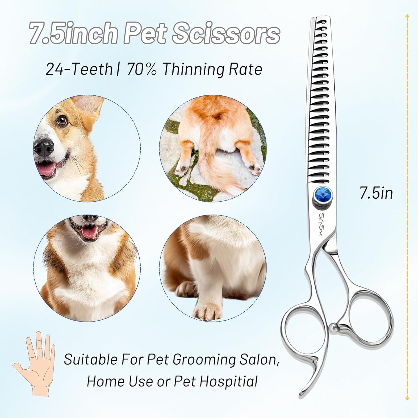 7.5" Left Handed Dog Grooming Scissors Chunker, Blending Shears with 24 Fishbone Teeth, VG10 Steel Texturizing Thinning Shear for Dog Grooming Professional, Ergonomic Trimming Scissors for Pet Groomer