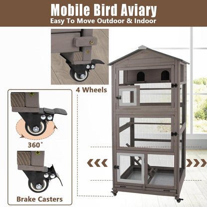 Flight Bird Cage Outdoor Large Wooden Bird Aviary Parrot Cage for Parakeet, Finches and Any Small Birds - Pull Out Wire Netting, Slide-Out Tray, 2 Perches, Nest House, 4 Wheels Include, Grey