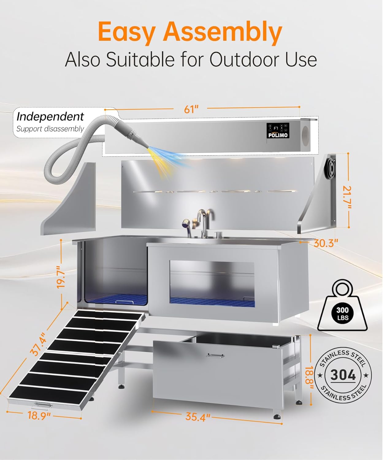 POLIMO Dog Wash Station with Pet Dryer & LED, Professional Dog Bathing Station for Large, Medium & Small Dogs – with Window, Ramp, Drawer, Floor Grate, LED Display & Faucet (Left RAMP & Dryer, 61")