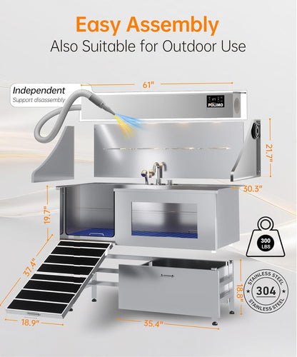 POLIMO Dog Wash Station with Pet Dryer & LED, Professional Dog Bathing Station for Large, Medium & Small Dogs – with Window, Ramp, Drawer, Floor Grate, LED Display & Faucet (Left RAMP & Dryer, 61")
