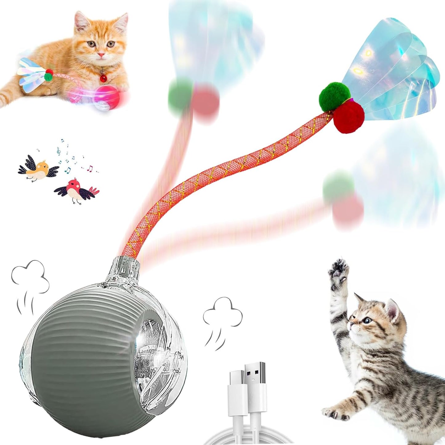 Interactive Cat Toys for Indoor Cats, Automatic Cat Toy with Elastic Mesh Tail, Electric Rolling Ball on Carpet, Chirping and Motion Activate Cat(Grey)