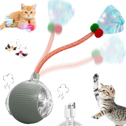Interactive Cat Toys for Indoor Cats, Automatic Cat Toy with Elastic Mesh Tail, Electric Rolling Ball on Carpet, Chirping and Motion Activate Cat(Grey)