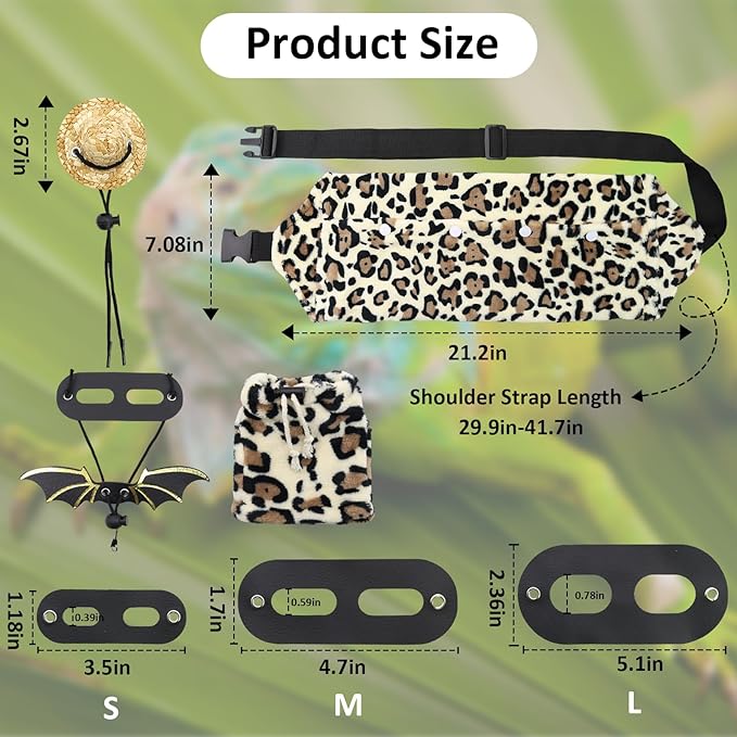 Bearded Dragon Leash and Harness Set, Bearded Dragon Accessories(Include Leopard Print Chest Pack, Lizard Clothing＆Leash, Small Straw Hat), Beardeds Dragon Decor Suit for Outdoor Travel