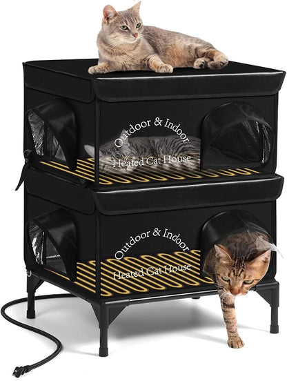 2 Story Heated Cat House for Outside, 100% Waterproof, Safe Escape Door, Elevated Base, Weatherproof Insulated Shelter for Stray Feral Barn Cat
