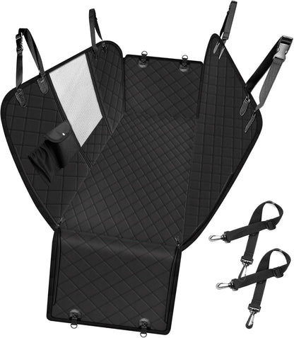 Femuar Dog Car Seat Cover, Waterproof Nonslip Pet Seat Cover for Back Seat with Storage Pockets Mesh Visual Window, Scratch Proof Pet Dog Seat Cover Hammock for Cars Trucks and SUVs, XL-Black