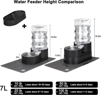 RIZZARI Automatic Cat Water Dispenser: Black 7L Elevated - Stainless Steel Gravity Feeder - Splash Guard Mat