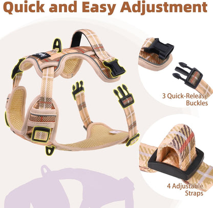 PUPTECK No Pull Dog Harness for Large, Adjustable Reflective Dog Harness with Handle Easy Control, Comfortable Soft Padded Pet Vest Harness for Large Dogs, Plaid Beige L