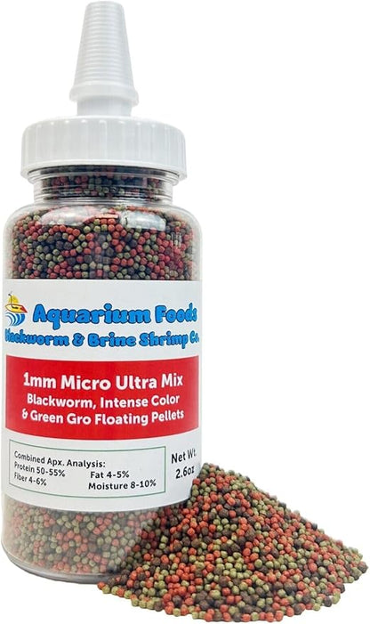 Aquatic Foods Inc. 1mm Ultra Mix of Blackworm, Intense Color Enhancing & Spirulina Green GRO Floating Pellets for Guppies, Tetras, Bettas, Nano Fish, Baby Fish…2.6oz Squeeze Bottle