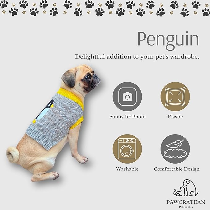 Cute Sweater for Dogs and Cats Soft Flannel Pet Outfit Warm and Cozy Animal Hoodie Small to Large Pet Clothes for Halloween Parties and Everyday Wear (Medium, Grey Pinguin)