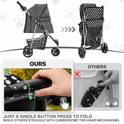 MoNiBloom 3 Wheels Pet Dog Cat Stroller for Small Medium Dogs Cats, Foldable Jogger Stroller w/Storage Basket and Cup Holder, Black Polka Dots