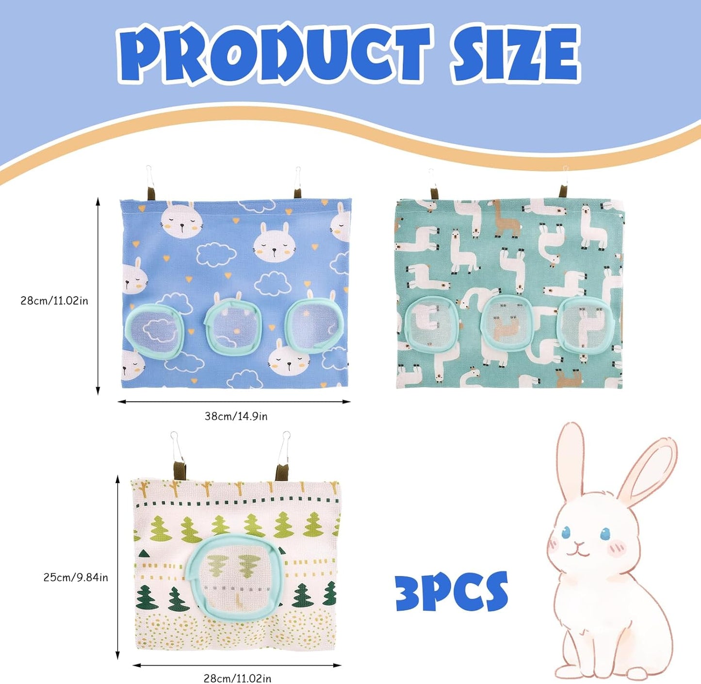 3pcs Hay Bag for Rabbits, 3 Holes Guinea Pig Hay Bag Hanging Hays Feeder Save Space Large Capacity Storage Dispenser for Bunny Chinchillas Hamsters Rats and Other Small Pets Small Animal