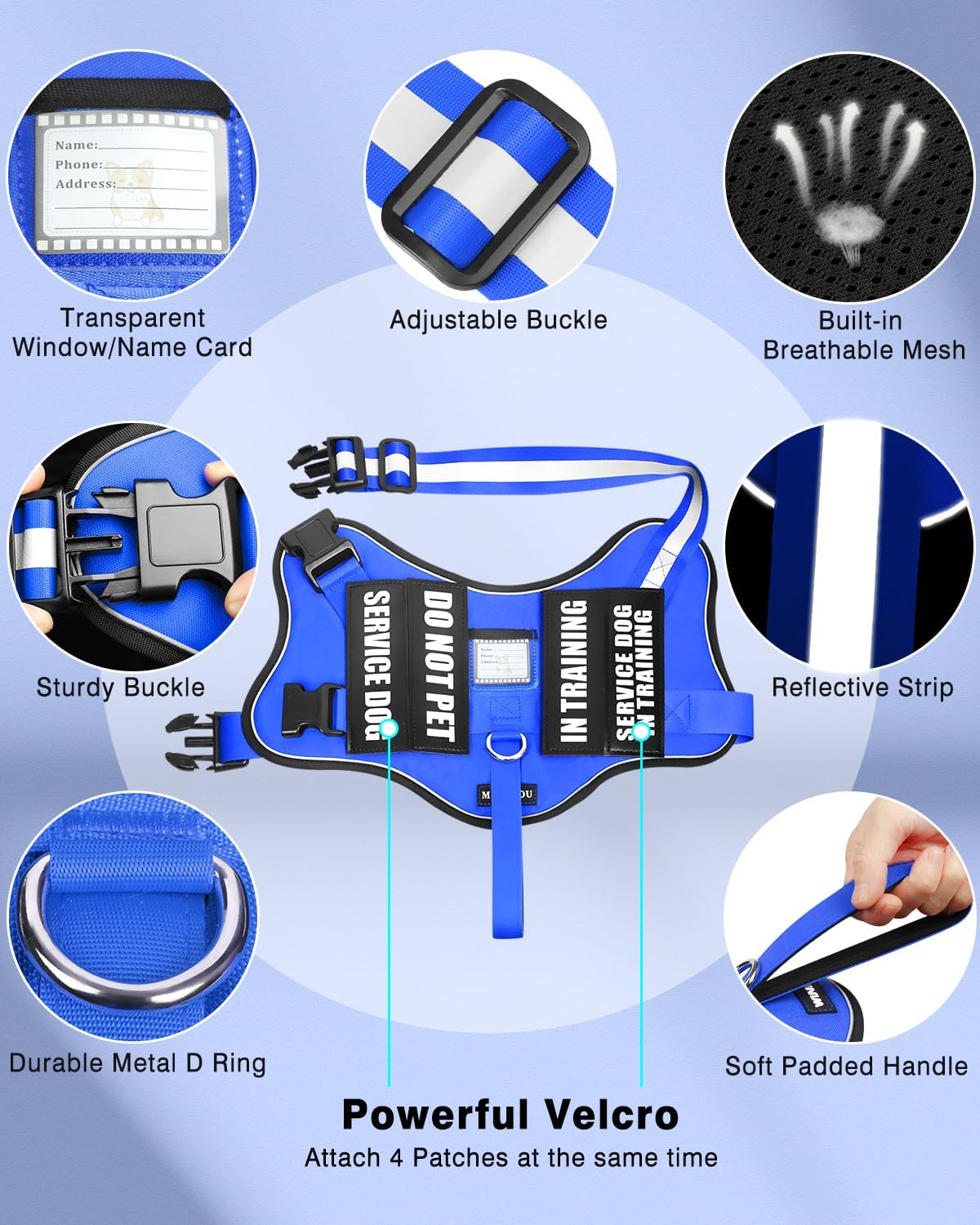 Service Dog Vest Harness and Leash Set+10 Patches for Puppy Small Dogs,Do Not Pet Emotional Support Dog Vest with 2 Soft Padded Handle for Everyday/Training (Blue XS)