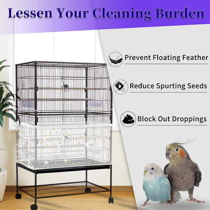 Daoeny Large Bird Cage Cover, Bird Cage Seed Catcher, Adjustable Soft Nylon Mesh Net with Twinkle Moon Star, Birdcage Cover Skirt Seed Guard for Parrot Parakeet Macaw Round Square Cages (White)