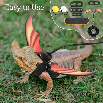 Chivao 5 Pieces Bearded Dragon Accessories Toy Set Bearded Dragon Leashes and Harnesses S/M/L 3 Size Packed Lizard Harness Mini Scooter Lizard Helmet Hats Adjustable Leash(Orange)