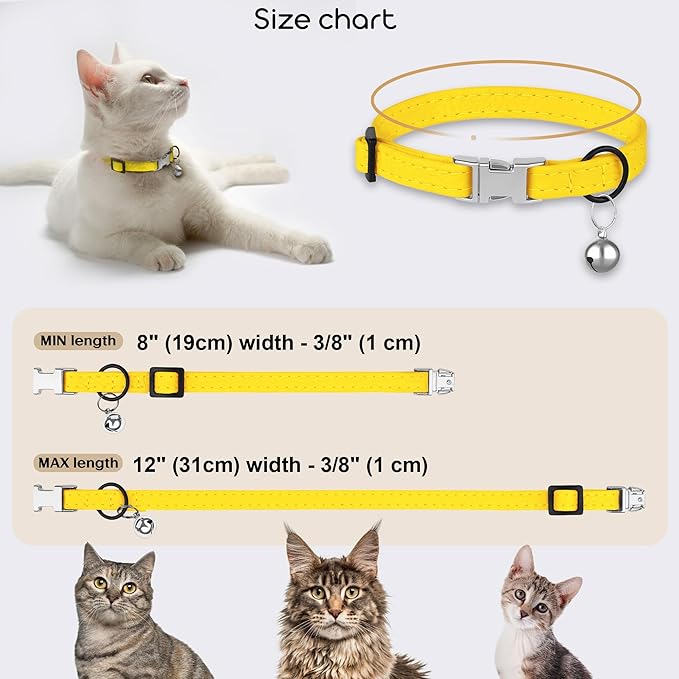 Leather Cat Collar with Buckle and Removable Bell - Non Breakaway Adjustable Soft Safety Small Pet Collars for Girl Boy Cats Kitten (Yellow)