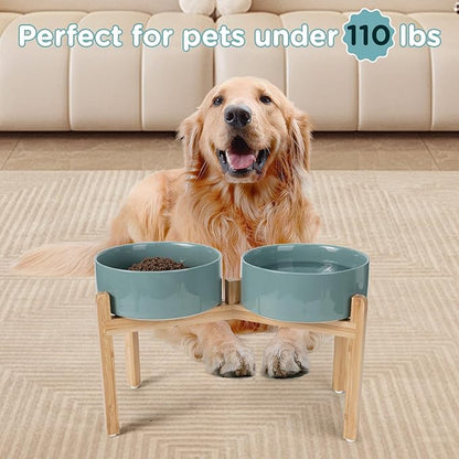 SPUNKYJUNKY Elevated Dog Bowls Ceramic, 8.3'' Dogs Food Water Bowls Raised with Non-Slip Bamboo Stand for Large Sized Breed Microwave Dishwasher Safe - 60 OZ,Dark Green