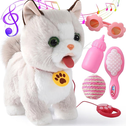 Walking Cat Set Interactive Talking Toy Kitten Repeat What You Say Robot Cat Toy for Girl Singing Dancing Touch Control with Leash Wagging Tail Nodding Plush Electric Ragdoll Kitty for Kid