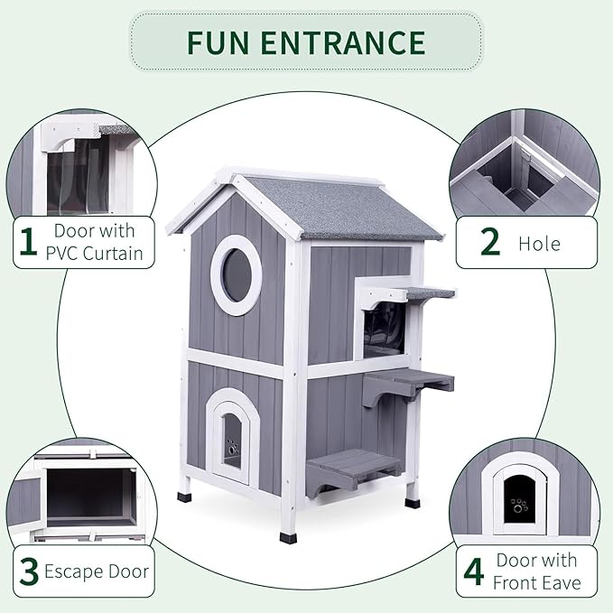 GEGURI Outdoor Heated Cat House Winter-Proof, Two-Story Insulated Shelter for Feral Cats with Thermal Layer, Removable Roof, Balcony & Escape Door