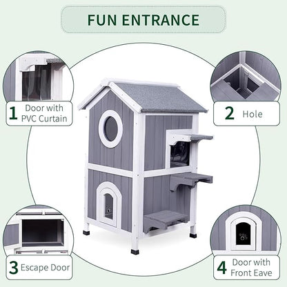 GEGURI Outdoor Heated Cat House Winter-Proof, Two-Story Insulated Shelter for Feral Cats with Thermal Layer, Removable Roof, Balcony & Escape Door