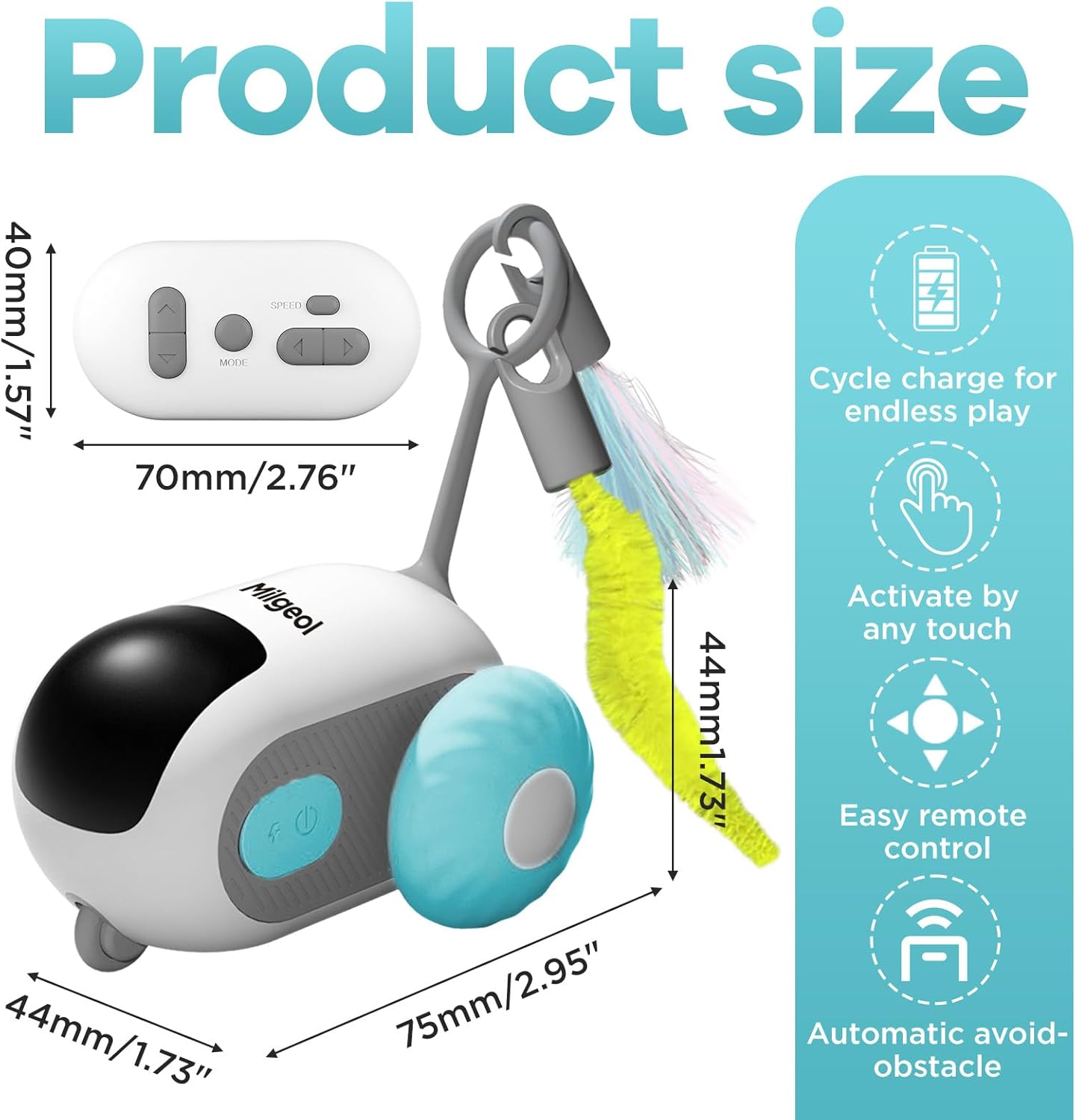 Turbo Tail 3.0 Interactive Cat Toy - Smart Remote Control Electric Mouse with Feathers, 3 Play Modes (Smart/Manual/Standby), Auto Obstacle Avoidance, Type-C, 8H Playtime - Blue (2PCS)