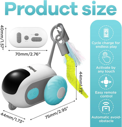 Turbo Tail 3.0 Interactive Cat Toy - Smart Remote Control Electric Mouse with Feathers, 3 Play Modes (Smart/Manual/Standby), Auto Obstacle Avoidance, Type-C, 8H Playtime - Blue (2PCS)