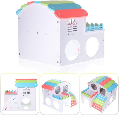 Skylety 3 Pieces Fun Hamster Toys Guinea Pig Hideout Include PVC Hamster House, Rainbow Bridge, Seesaw Toy DIY Exercise Play Toys for Rats Mouse Small Animals (Large, Rainbow Color)