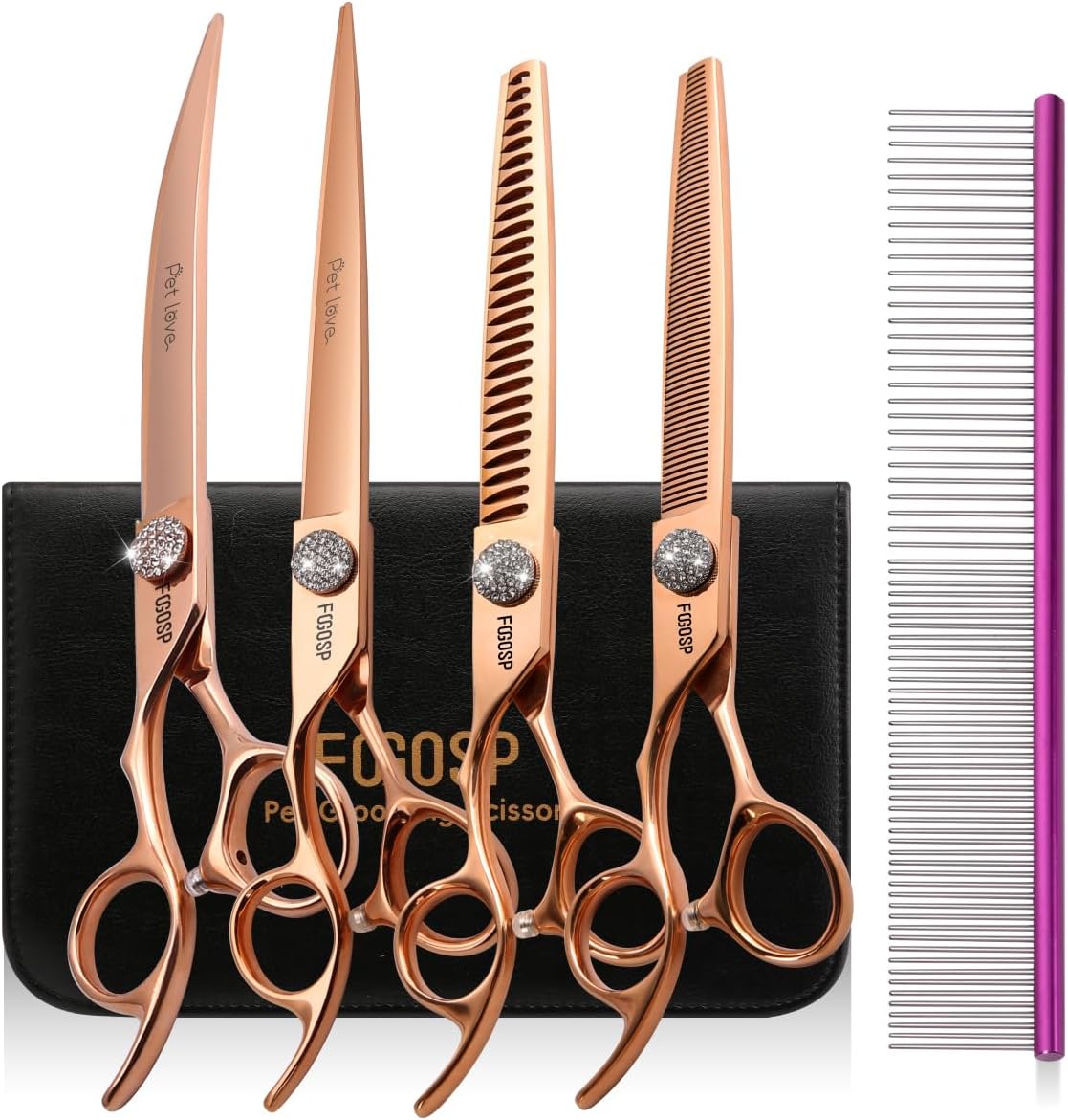 Left Handed Dog Grooming Scissors Set 4PCS Rose Gold Titanium Curved Thinning Straight Chunkers Shears Kit with White Artificial Diamonds Ergonomic Offset Handle Japan 440C