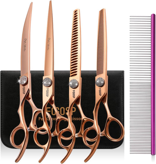 Left Handed Dog Grooming Scissors Set 4PCS Rose Gold Titanium Curved Thinning Straight Chunkers Shears Kit with White Artificial Diamonds Ergonomic Offset Handle Japan 440C