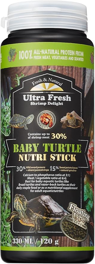 Ultra Fresh Floating Baby Turtle Food, All Natural Ingredients, Wild Sword Prawn, Calcium Vitamin D Enriched for Picky Aquatic Turtles, Baby Turtle Nutri Stick 3.35 oz