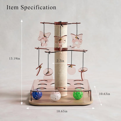 Modern 3-in-1 Interactive Cat Toy with Scratching Post, Cat Puzzle Toys for Indoor Cats with Colorful Jingle Balls, 2-Layer Spinning Teaser Disc with Dangling Toys, Acrylic, Pink