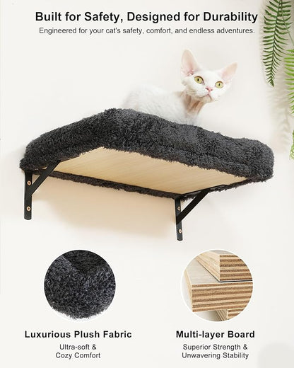 FUKUMARU Cat Wall Shelves, Stable Wall Mounted Cats Furniture Set, Kitten Scratching Post with Soft Cushion Perch, Space Saving Climbing Wall for 16 Inch Drywall - Gray