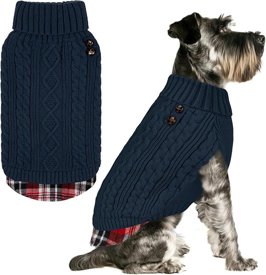 KYEESE Dog Sweaters with Leash Hole for Small Dogs Navy Blue Dog Turtleneck Sweater Pullover Knitwear with Gingham Warm Pet Sweater (Medium (Pack of 1))