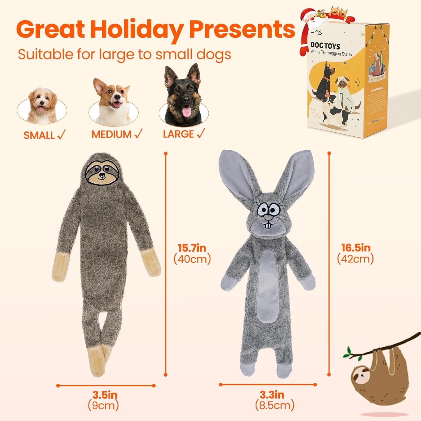 HGB No Stuffing Dog Toys for Aggressive Chewers, Squeaky Crinkle Plush Dog Toys to Keep Them Busy & Puppy Teething for Small, Medium, Large Breed, Cute Bunny & Sloth