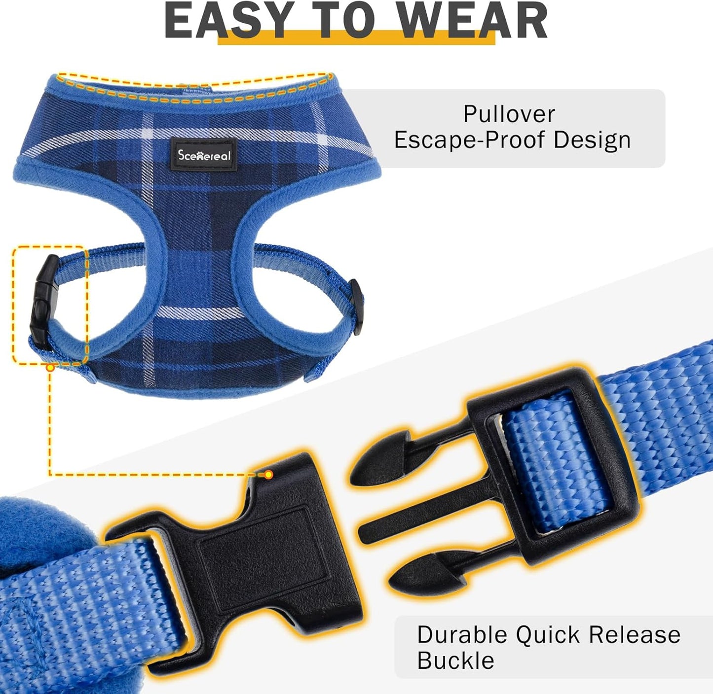 SCENEREAL Puppy Dog Harness with Leash Set for Small Medium Sized Dogs, Soft Mesh Step in Pet Harnesses and Leash, No Chock Plaid Adjustable No Pull Vest for Dogs Cats, Chihuahua,Bulldog (Blue S)