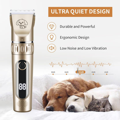 Dog Grooming Clippers, Low Noise, 2-Speed Quiet Dog Grooming Kit Rechargeable Cordless Pet Hair Clipper Trimmer Shaver for Small and Large Dogs Cats Animals