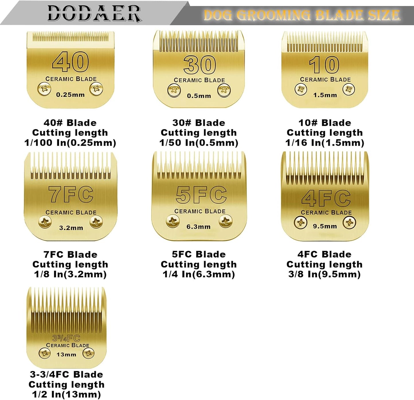 7 Pack Detachable Pet Dog Grooming Clipper Ceramic Blades Set,Compatible with Andis,Oster A5,Wahl KM10 Series Clippers,Gold (10+30+40+7FC+5FC+4FC+3FC)