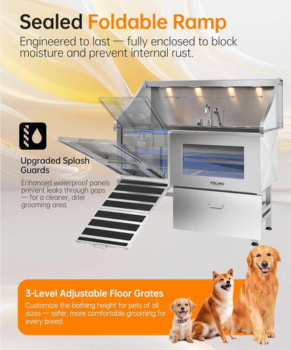 POLIMO Dog Washing Station, LED Professional Stainless Steel Dog Bathing Station 61", Dog Grooming Tub for Large, Medium & Small Dog - with Window, Ramp, Drawer, Floor Grate & Faucet (Left Ramp, 61")