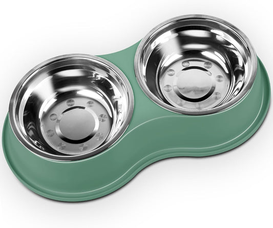 Dog Bowls Large Double Dog Water and Food Bowls Stainless Steel Bowls with Non-Slip Resin Station, Pet Feeder Bowls Food Dish for Small Medium Large Dogs Cats