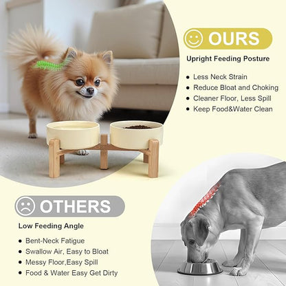 SPUNKYJUNKY Elevated Dog Bowls Ceramic, 5.1'' Dogs and Cat Food Water Bowls Raised with Non-Slip Bamboo Stand for Puppy Small Sized Breed Microwave Dishwasher Safe - 13.5 OZ,Beige