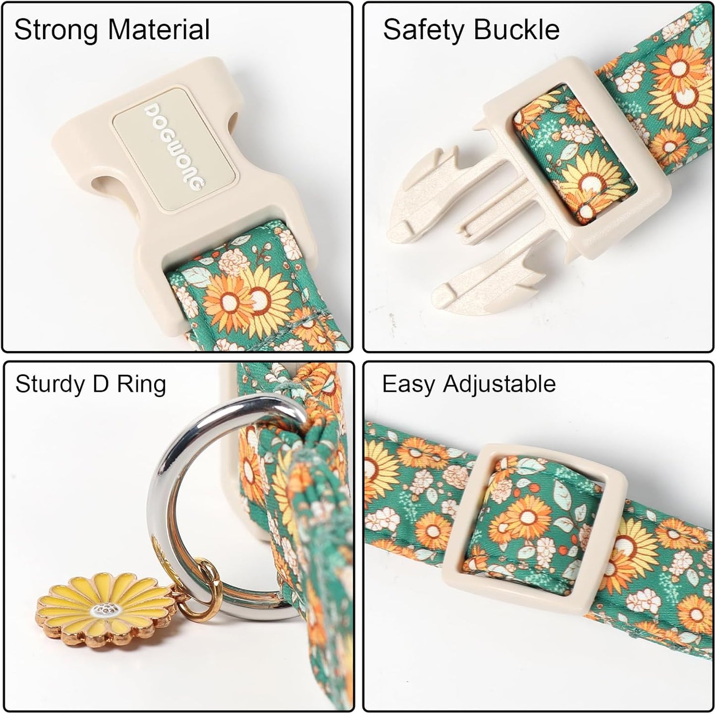 DOGWONG Flower Dog Collar, Fall Sunflower Dog Collars, Adjustable Cute Pet Collars Girl Design Dog Collar for Small Medium Large Dogs