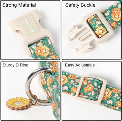 DOGWONG Flower Dog Collar, Fall Sunflower Dog Collars, Adjustable Cute Pet Collars Girl Design Dog Collar for Small Medium Large Dogs