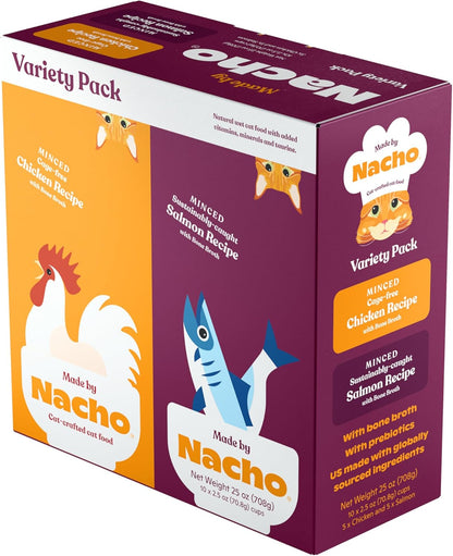 Made by Nacho Minced Cage-Free Chicken and Salmon in Bone Broth Cups, Enriched with Vitamins and Prebiotics, Variety Pack, 10 Cups, 2.5 oz