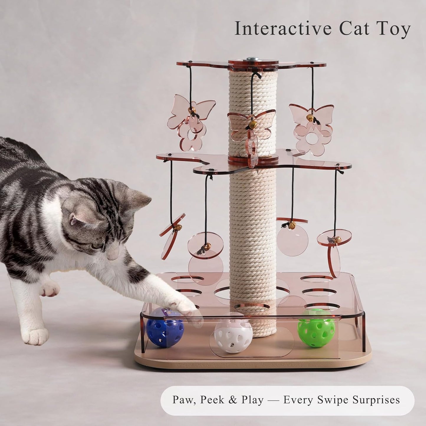 Modern 3-in-1 Interactive Cat Toy with Scratching Post, Cat Puzzle Toys for Indoor Cats with Colorful Jingle Balls, 2-Layer Spinning Teaser Disc with Dangling Toys, Acrylic, Pink