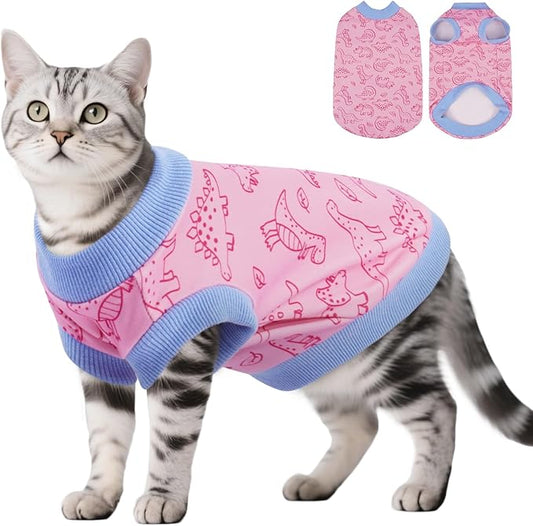 DENTRUN Sleeveless Cat Vest with Dinosaur Print, Breathable Ultra-Soft Dralon Fleece Cat Sweater, All-Season Pet Costume Apparel for Cats, Kitten Clothing for Indoor/Outdoor, Pink, M