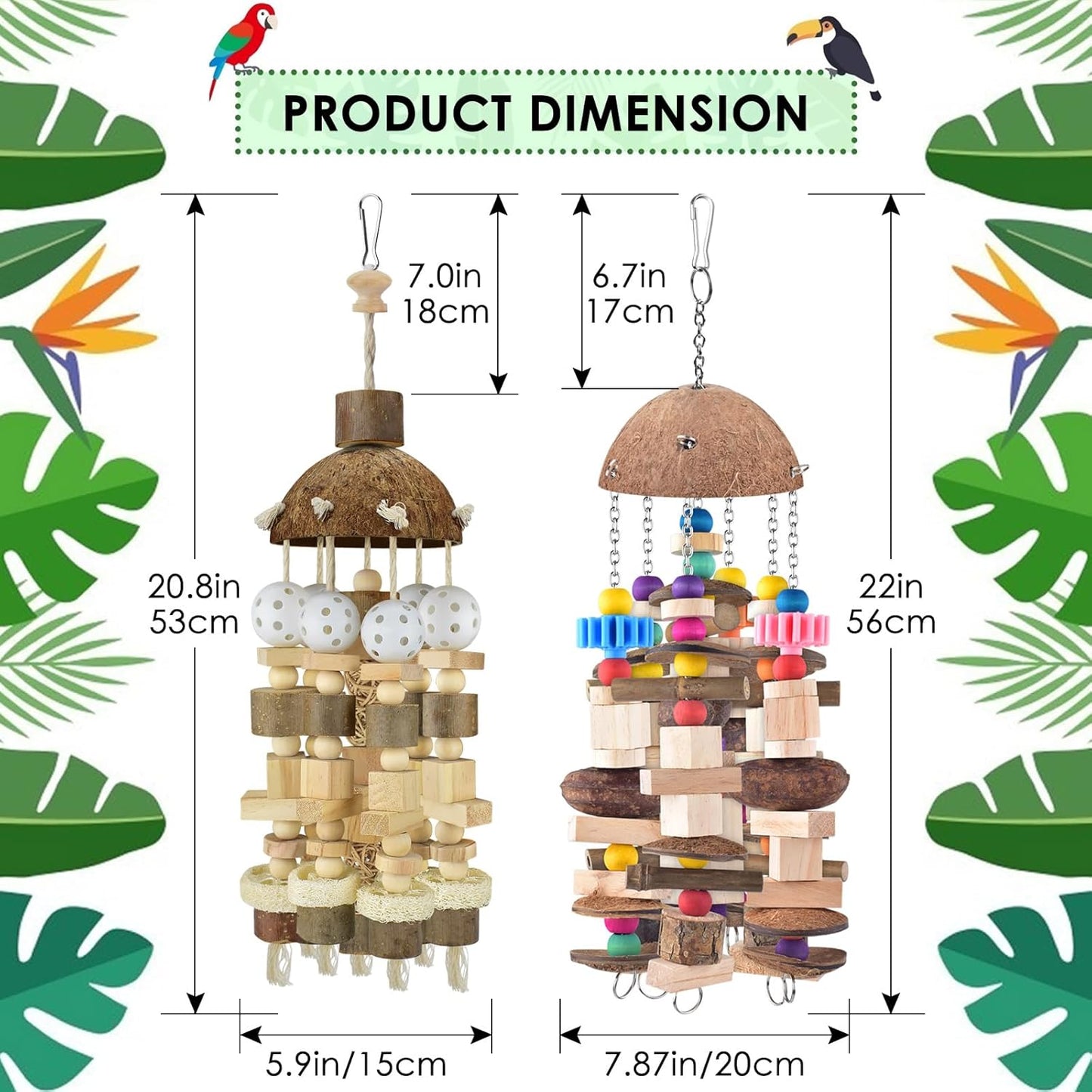 KATUMO Bird Toys, 2PCS Large Wooden Blocks & Coconut Shell Chew Toys for African Grey Cockatoo Amazon Parrots and Medium to Large Birds