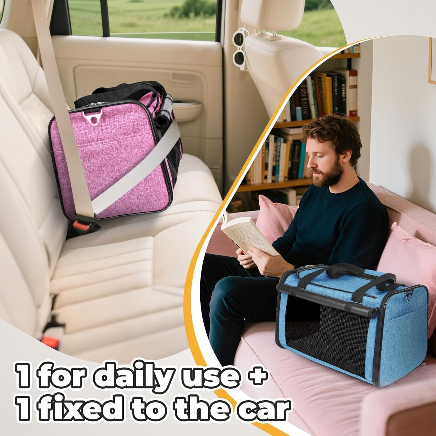 YUDODO 2 Packs 25 lbs Lightproof Soft Sided Pet Carrier for Large Cat & Small Dog Airline Approved Travel Bag Puppy Carriers with Side Pockets & Reflective Mesh, Foldable Portable Pink+Lake Blue