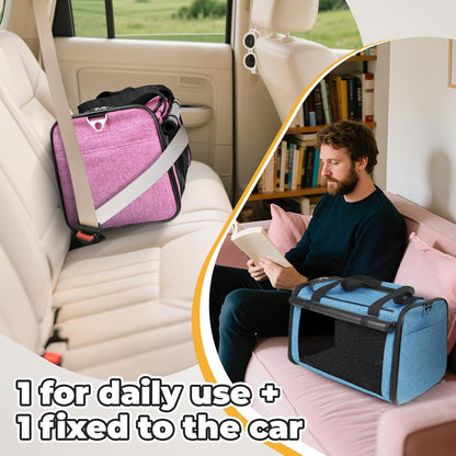 YUDODO 2 Packs 25 lbs Lightproof Soft Sided Pet Carrier for Large Cat & Small Dog Airline Approved Travel Bag Puppy Carriers with Side Pockets & Reflective Mesh, Foldable Portable Pink+Lake Blue