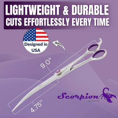 Kenchii Scorpion Dog Grooming Scissors, 9 Inch Curved Shears, Dog Scissors for Grooming, Professional Pet Grooming Scissors, Heavy Duty, Durable and Sharp
