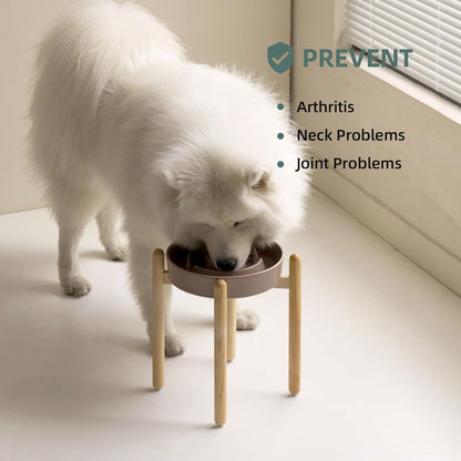 Ceramic 3.2 Cup Raised Slow Feeder Dog Bowl Set, Elevated Bowl with Wooden Stand for Large Dog, 9.5inch Puzzle Slow Pet Food Dish, Anti-Gulping(Brown Coffee, Single Bowl+ Stand)